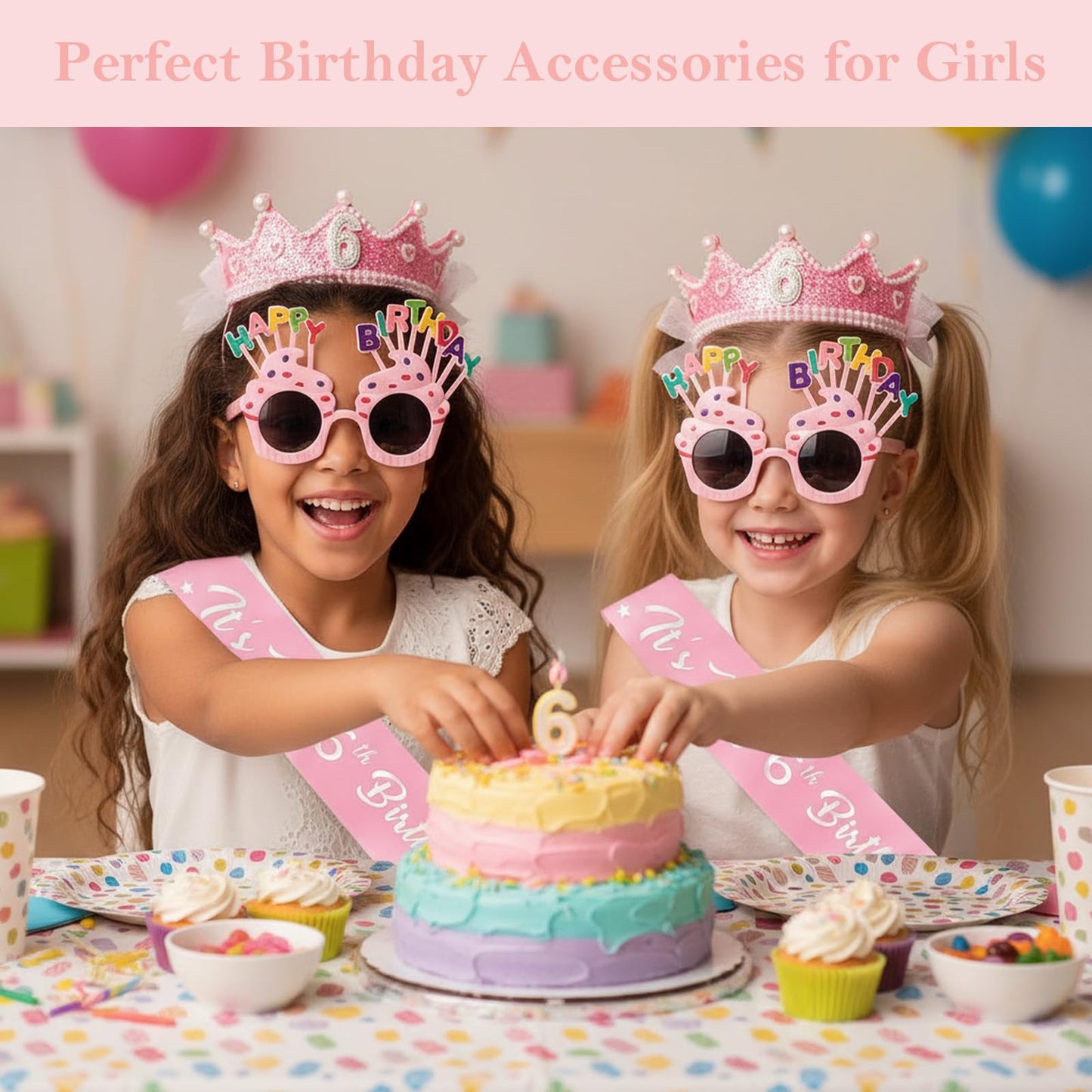 6th Birthday Girl Gift Set - 6th Birthday Sash, Glitter Crown & Cupcake Glasses, 6 Year Old Girl Birthdays Gifts, Princess Birth day Party Decorations for Girls