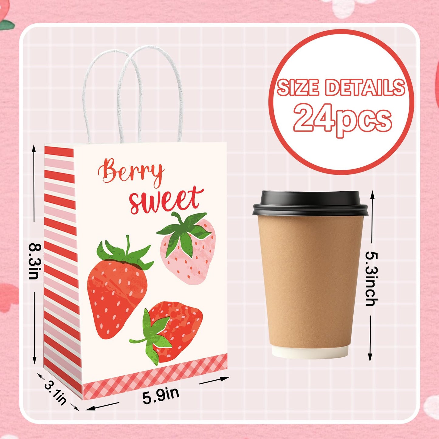 JarThenaAMCS 24 Pcs Strawberry Paper Gift Bags with Handle Pink Red Berry Sweet Party Favor Bags Goodie Candy Treat Bag for Wedding Baby Bridal Shower Party Favor Supplies, 2 Design