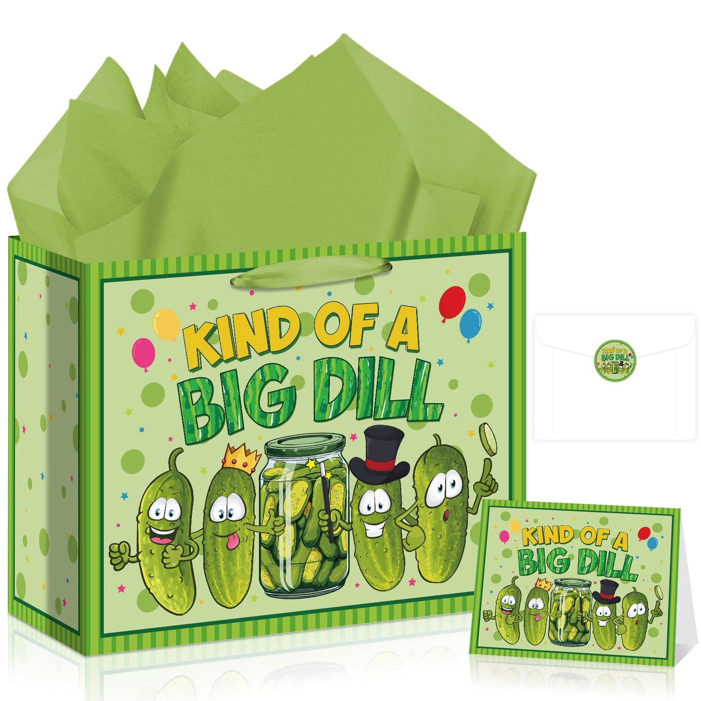 Allparty Funny Pickle Gift Bag Cute Pickle Birthday Bag with Wrapping Paper Card Sticker Envelope Fruit Vegetable Cucumber Party Goodies Favors Bags for Boys Girls Baby Shower Gifts Wrap