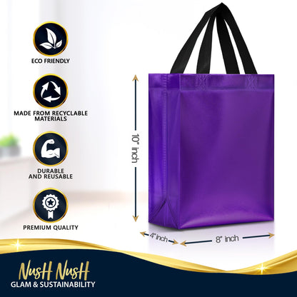 Nush Nush Purple Gift Bags Medium Size – Set of 12 Purple Reusable Gift Bags With Handles - Perfect Goodie Bag for Halloween Treats, Holidays, Christmas Presents, Birthday Party Favors – 8Wx4Dx10H