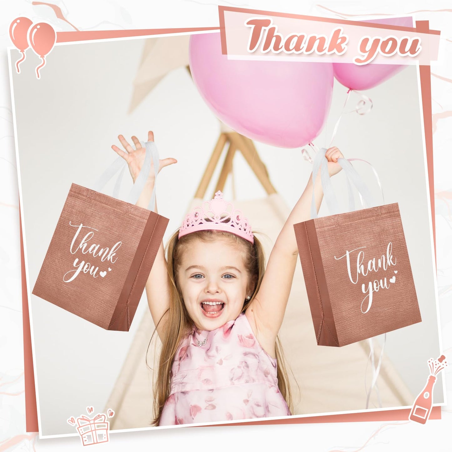 Sweetude 30 Pcs Thank You Gift Bags with Handles, Reusable Non Woven Foldable Goodie Bags Bulk for Graduation Teacher Appreciation Wedding Bridesmaid Favors(10 x 8 x 4 Inch,Rose Gold)