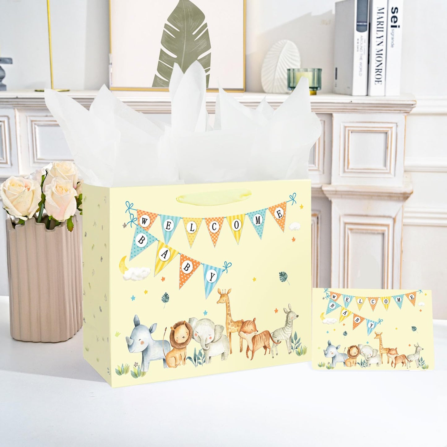 Laidans 13" Large Baby Boy Girl Gift Bag for Baby Shower with Tissue Paper and Greeting Card (Yellow)