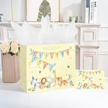 Laidans 13" Large Baby Boy Girl Gift Bag for Baby Shower with Tissue Paper and Greeting Card (Yellow)