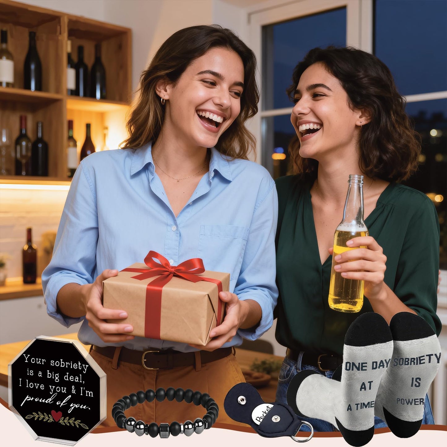 Sobriety Gifts for Men Women,4pcs Recovery Gift Set With Novlety Socks for Alcoholics Anonymous Addiction, Sobriety Pocket Hug Token