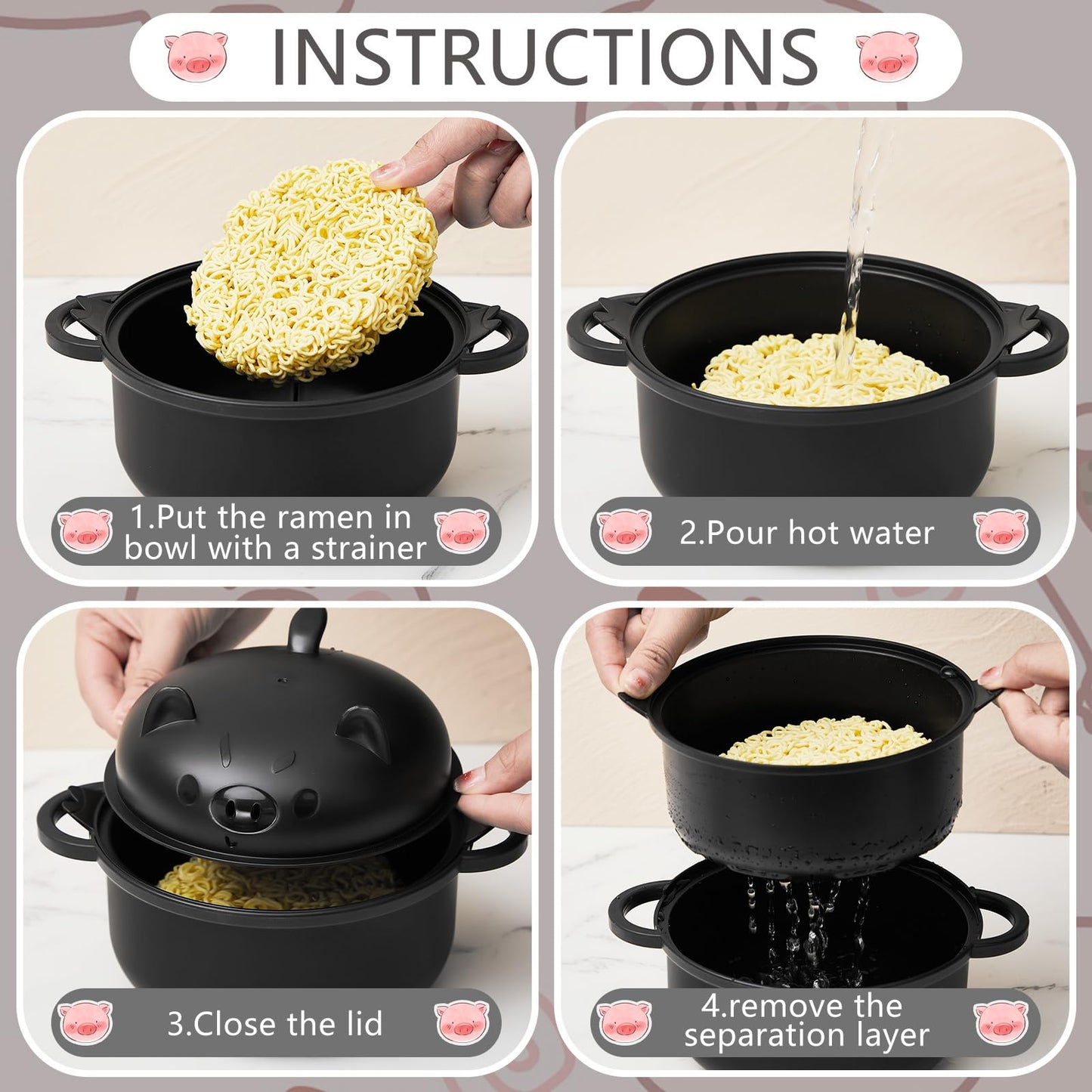 Large 45oz Cute Ramen Bowl Set Microwavable Pig Ramen Noodle Cooker Wheat Straw Bowl with Strainer Lid Handle Spoon Chopsticks Fork Gift for Home Dorm College(Black,1 Set)