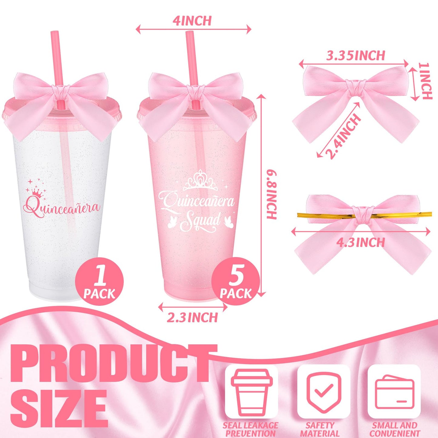 Jingmore 6 Pcs Quinceanera Party Favors for Guests 15th Quinceañera Squad Reusable Tumbler with Straw Lid Twist Bow 24 oz Spanish Gift 15 Birthday Party Thank You Gifts (Pink)
