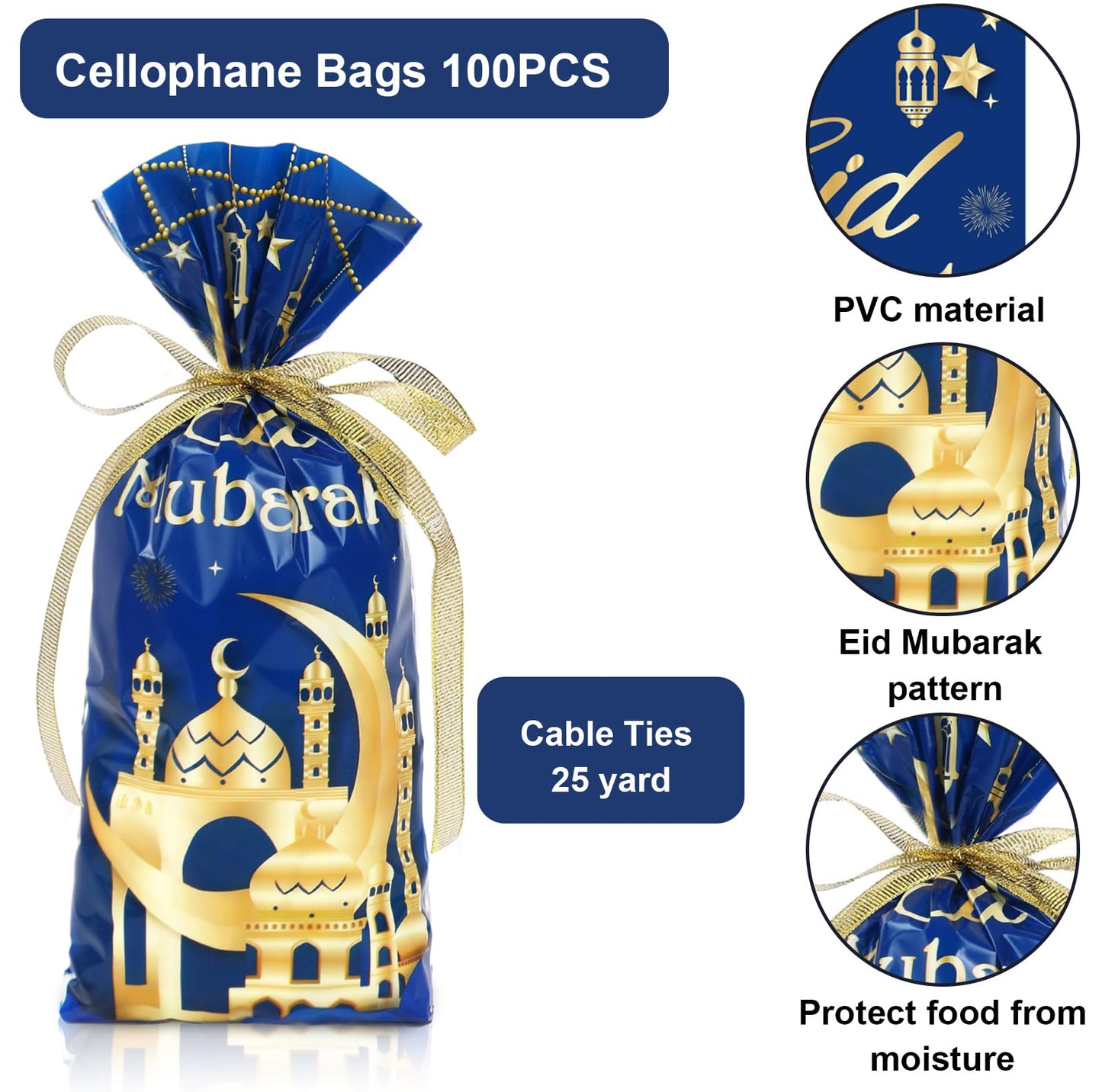Whaline 100 Pcs Eid Mubarak Cellophane Bags with Ribbon Ramadan Plastic Treat Bags Blue Gold Candy Goodie Bags for Islamic Muslim Party Snack Cookie Packing Supplies