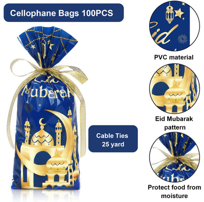 Whaline 100 Pcs Eid Mubarak Cellophane Bags with Ribbon Ramadan Plastic Treat Bags Blue Gold Candy Goodie Bags for Islamic Muslim Party Snack Cookie Packing Supplies