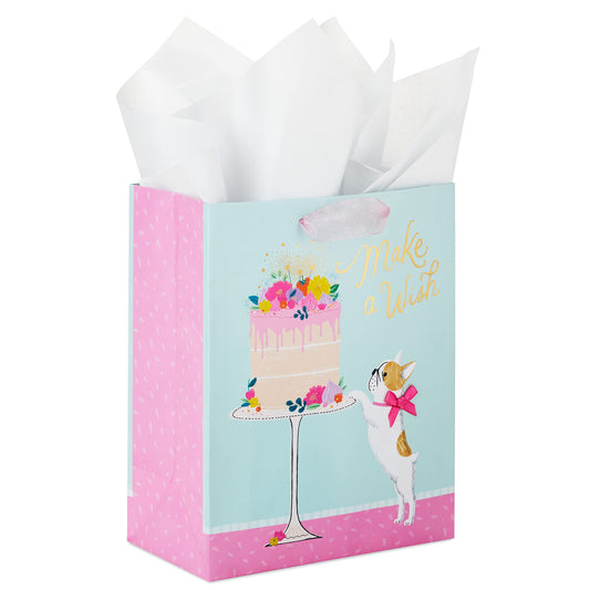 Hallmark 9" Medium Birthday Gift Bag with Tissue Paper (Make a Wish Cake and Pug Puppy)