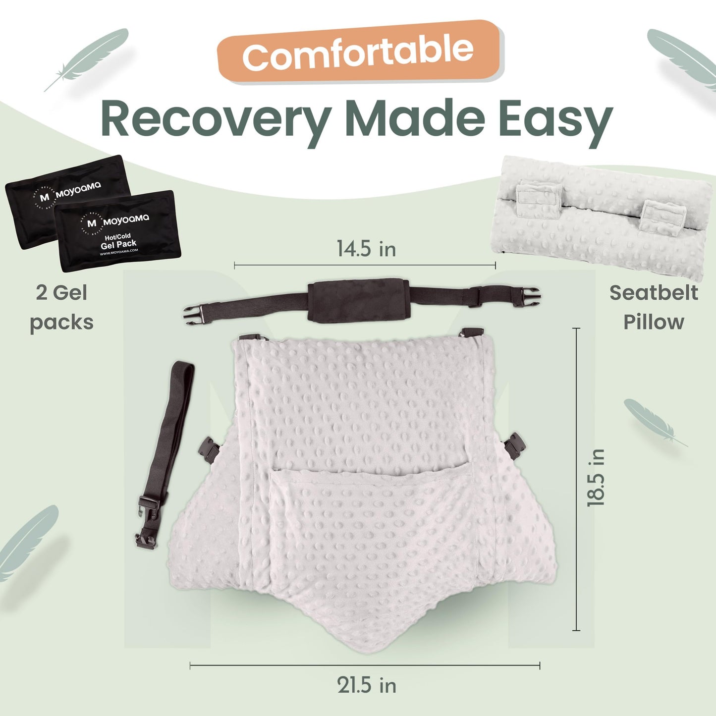 MOYOAMA 4 Pc Hysterectomy Pillow Set – Incl Seatbelt Cushion & 2 Gel Packs for Soothing Relief – After Hysterectomy Recovery Must-Haves, Post-Op C-Section Pillow Gifts, Abdominal Surgery Recovery
