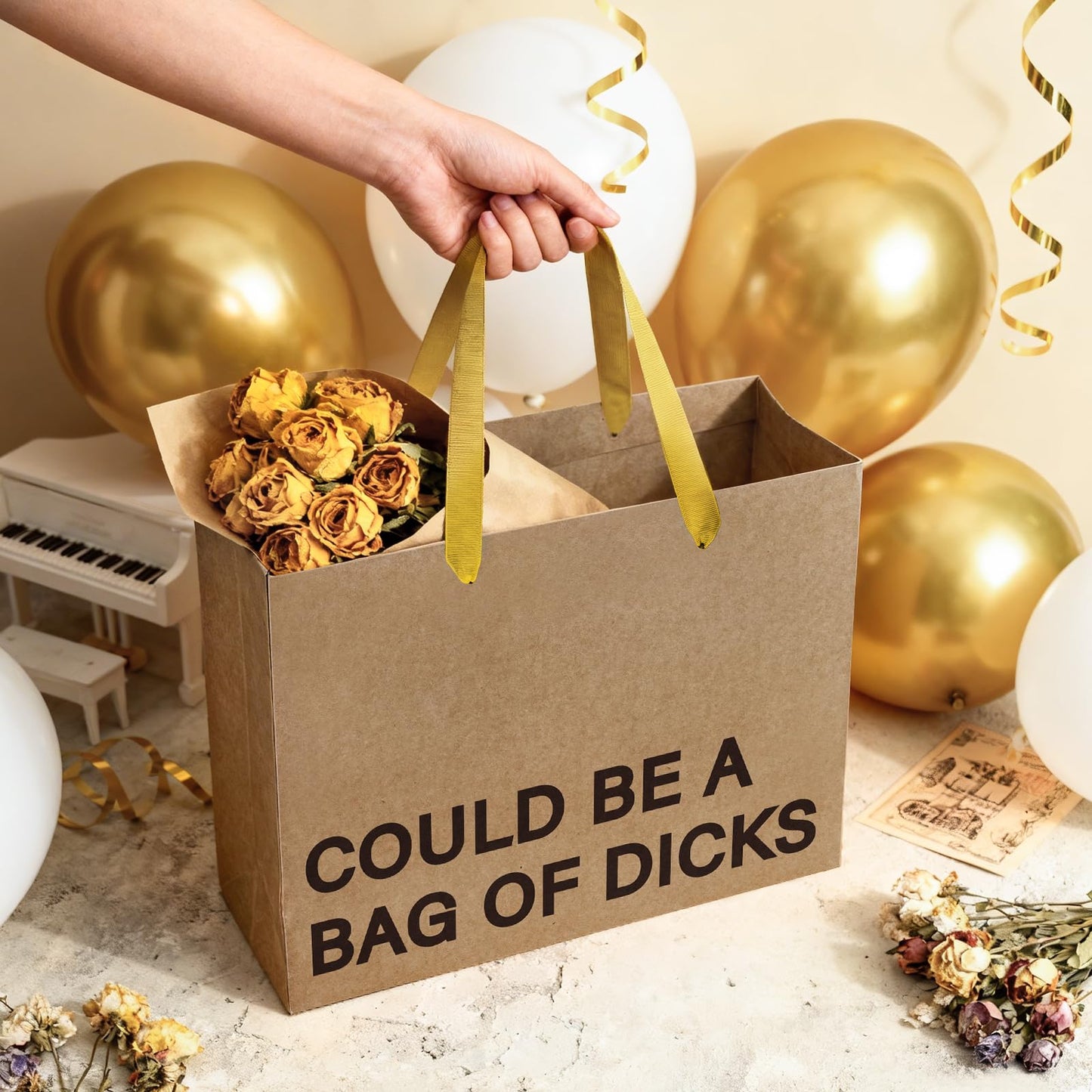 WRAPAHOLIC 13" Large Funny Birthday Kraft Paper Gift Bag - Could Be a Bag of Dicks Design Paper Bags for Friends Birthday and Valentine's Day