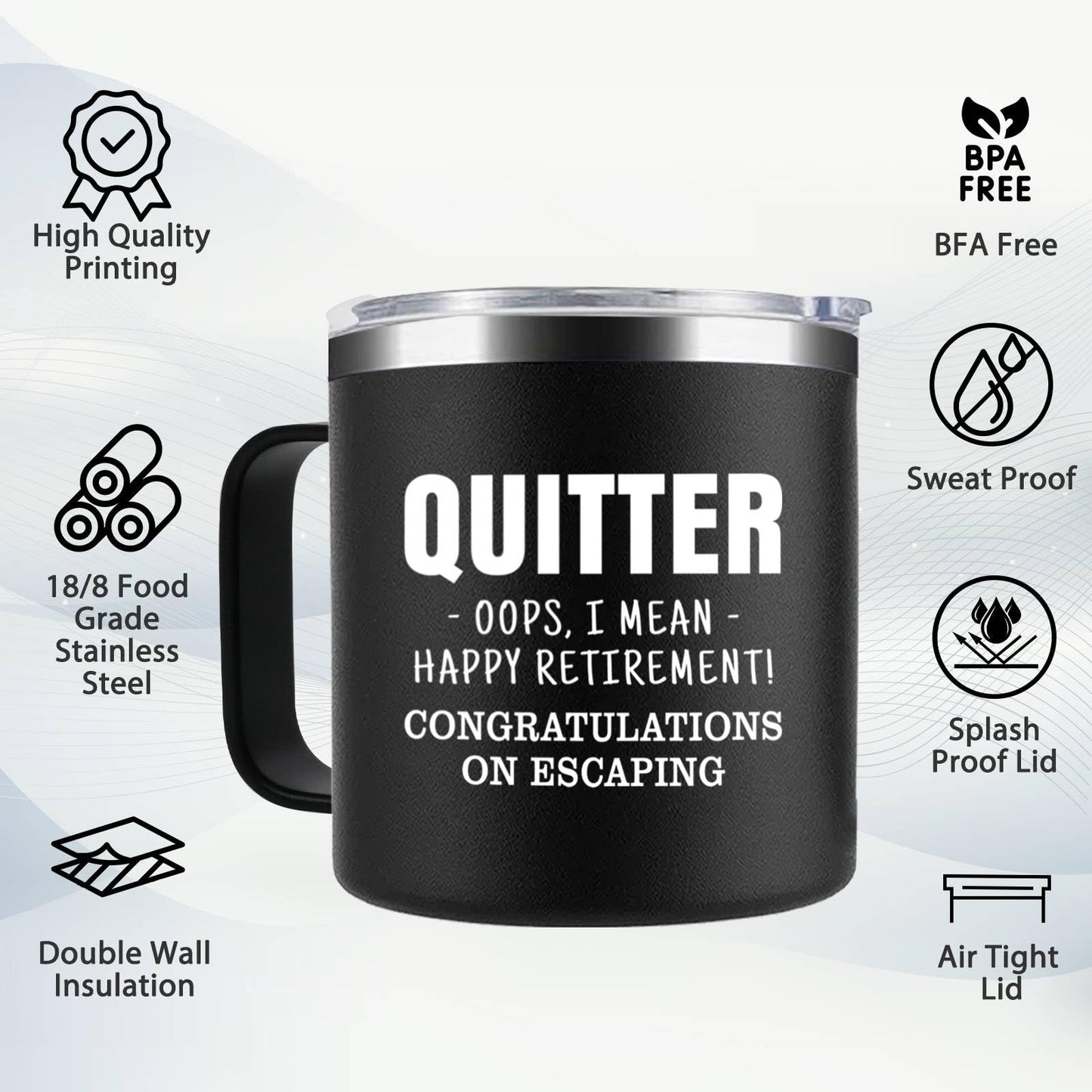 Funny Retirement Gifts For Men - Quitter I Mean Happy Retirement Coffee Mug with Handle, 14oz Retired Cup Mug Xmas Gifts for Coworker Leaving,Teachers,Doctors, Boss,Friends,Dad Black