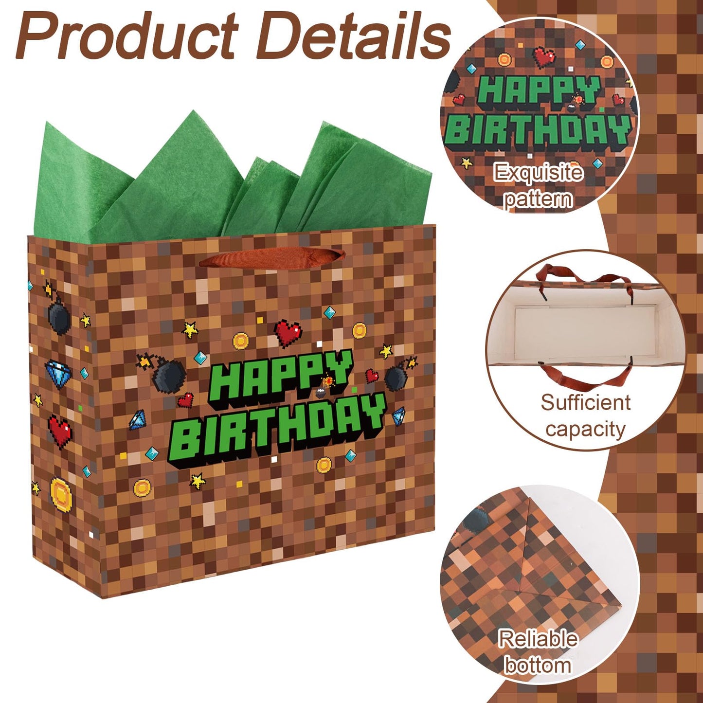 SAVITA Pixel Party Favors Bags, Pixel Theme Goodie Gift Bags Green and Brown Video Game Party Birthday Decorations with Greeting Card & Envelope for Candy Goody Treat Supplies Kids Bday Gifting