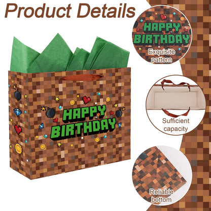 SAVITA Pixel Party Favors Bags, Pixel Theme Goodie Gift Bags Green and Brown Video Game Party Birthday Decorations with Greeting Card & Envelope for Candy Goody Treat Supplies Kids Bday Gifting