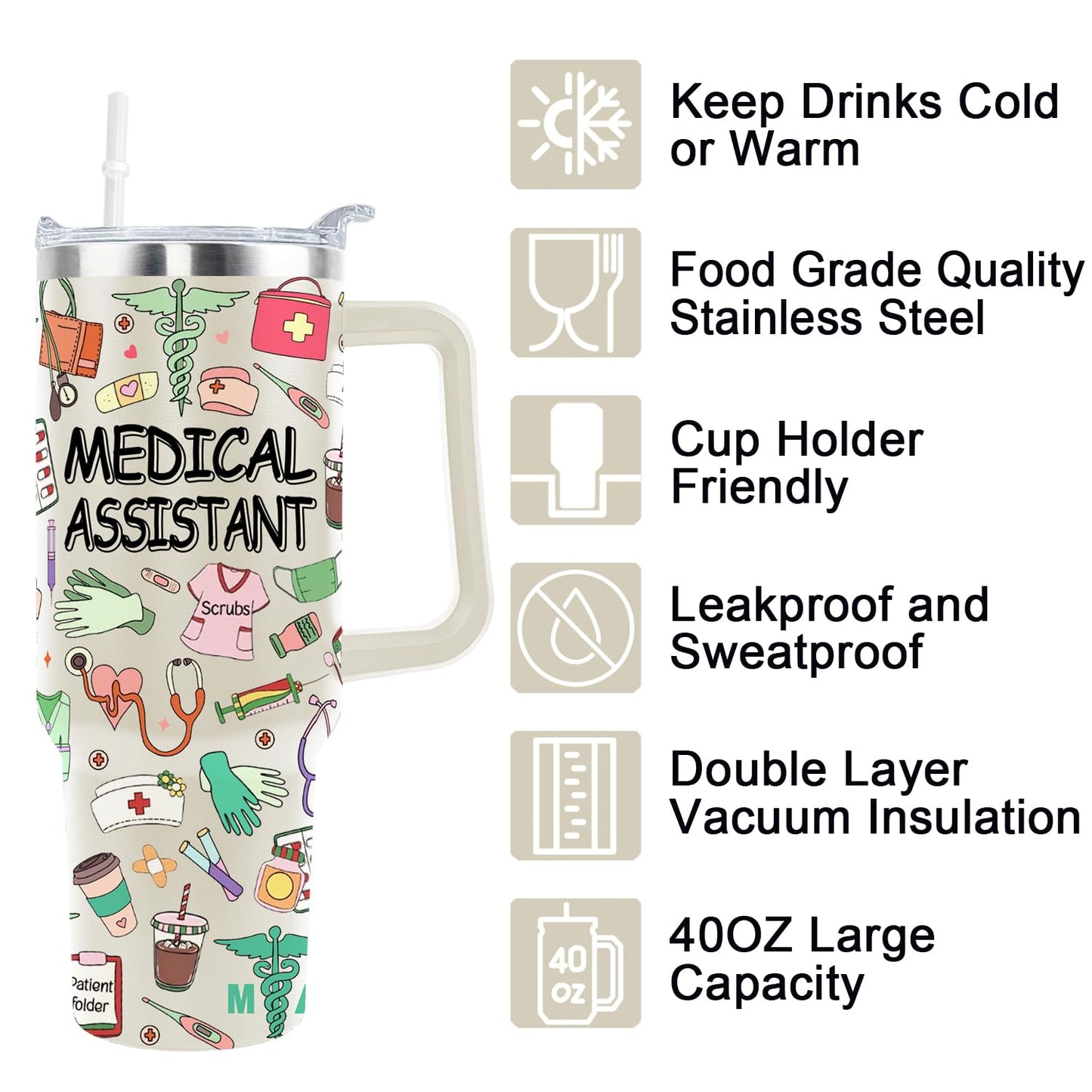 40 Oz Medical Assistant Tumbler Medical Assistant Gifts Stainless Steel Insulated Medical Assistant Travel Cup with Handle CMA Medical Assistant Week Gifts for Women Men