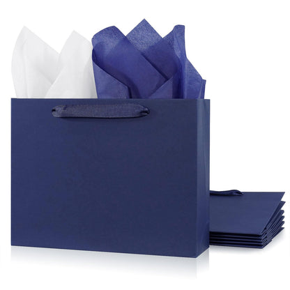 Padiaet 6 Pack Medium 10.5"x4"x8.1" Blue Gift Bags with Tissue Papers, Kraft Shopping Bags with Ribbon Handles, Retail Wrapping Set for All Occasions