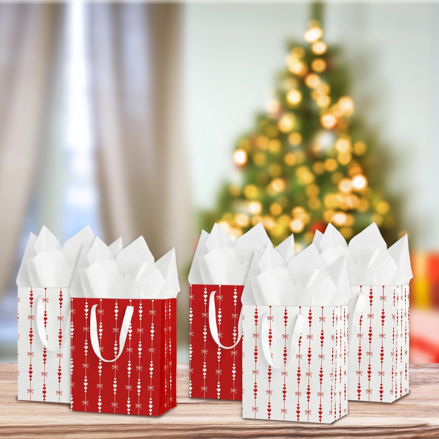 wjrsxilt Valentine's Day Gift Bags Set of 6 - Medium Sized 9" Red Hearts Bags with Handles incl. Matching Tissue Paper - Reusable & For Presents of Any Birthday, Weddings, Valentine's Day