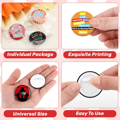 Landical 50 Pcs Theatre Gifts Set Theater Button Pins Bulk Musical Theater Badges Broadway Pins Comedy Tragedy Mask Drama Actor Gifts for Theatre Party Favors