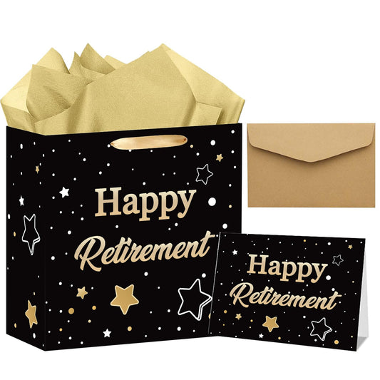 ONANNA Small Retirement Gift Bag with Tissue Paper and Greeting Card 7" Retired Gifts Wrapping Bag for Women Men Coworker Teacher, Black Gold Retirement Party Decorations Supplies