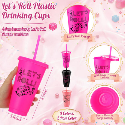Remerry 24 Pcs Bunco Party Favors Let's Roll Plastic Cups with Lids and Straws Bunco Cosmetic Bags Dice Bracelets and Pink Gift Bags Casino Decoration for Guests Prize Bachelorette Birthday Wedding