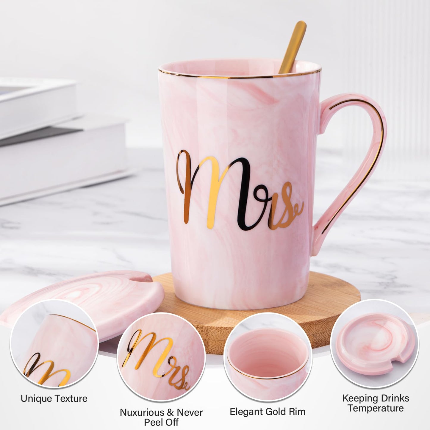 Biching Wedding Gifts for Couples 2026, Gifts for Bridal Shower Engagement Bride and Groom Anniversary, 14oz Ceramic Marble Mr and Mrs Mugs Set with Real Gold Foil, Greeting Card, Luxury Gift Box