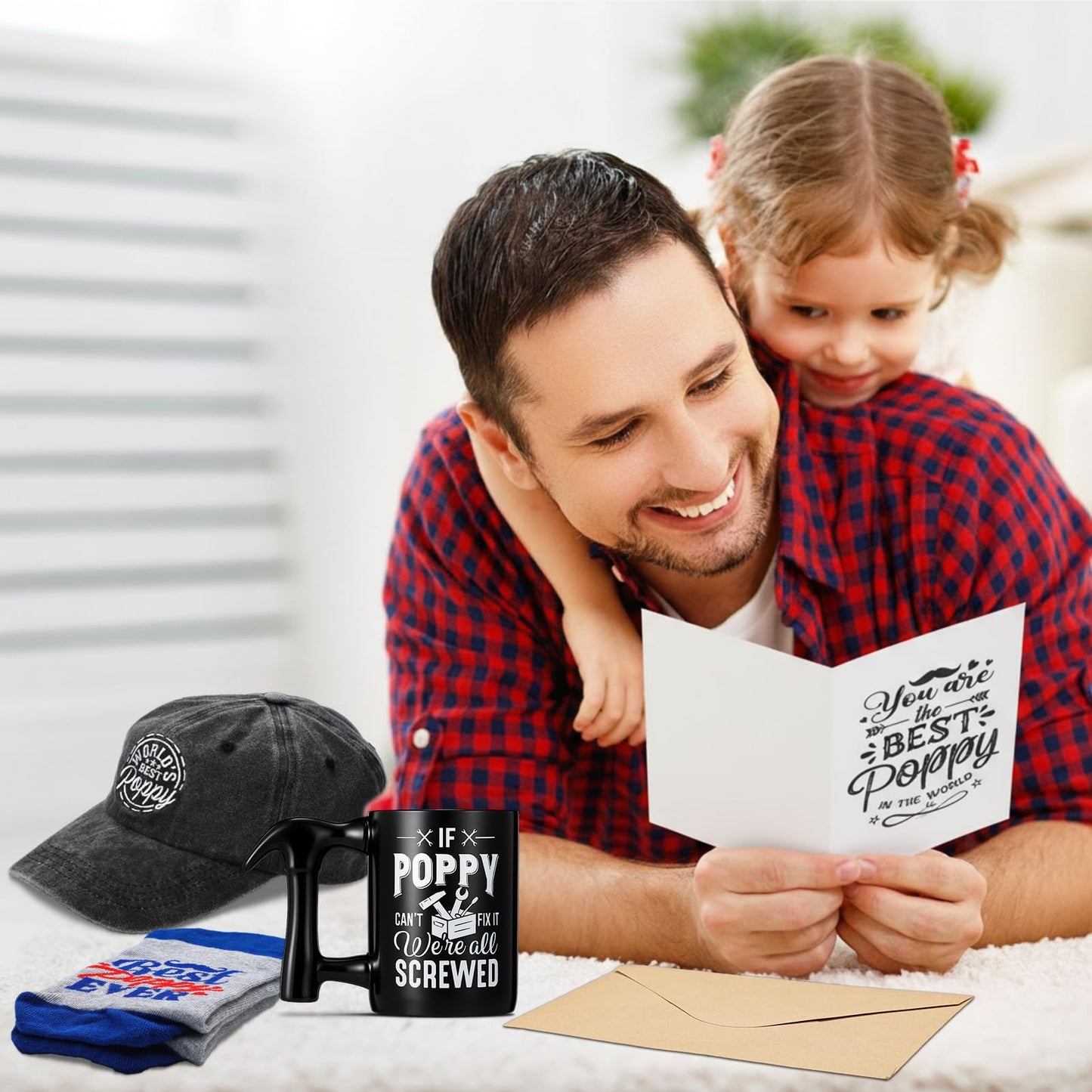 Bonuci 5 Pcs Poppy Gifts Set for Father's Day Christmas Include World's Best Poppy Embroidered Cap Crew Socks Coffee Mug with Hammer Handle Cards with Envelope Gifts Ideas for Father Dad Grandpa