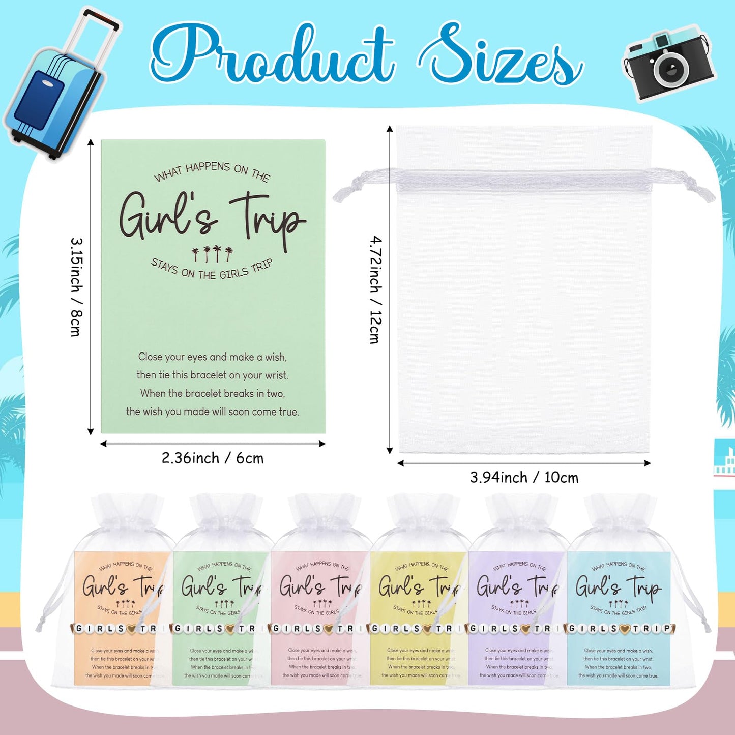 6 Pcs Girls Trip Bracelet Girls Weekend Gifts Favors Beaded Heart Bracelets with Cards Friendship Favors for Female Lady Friends Sisters Bestie Bachelorette Party