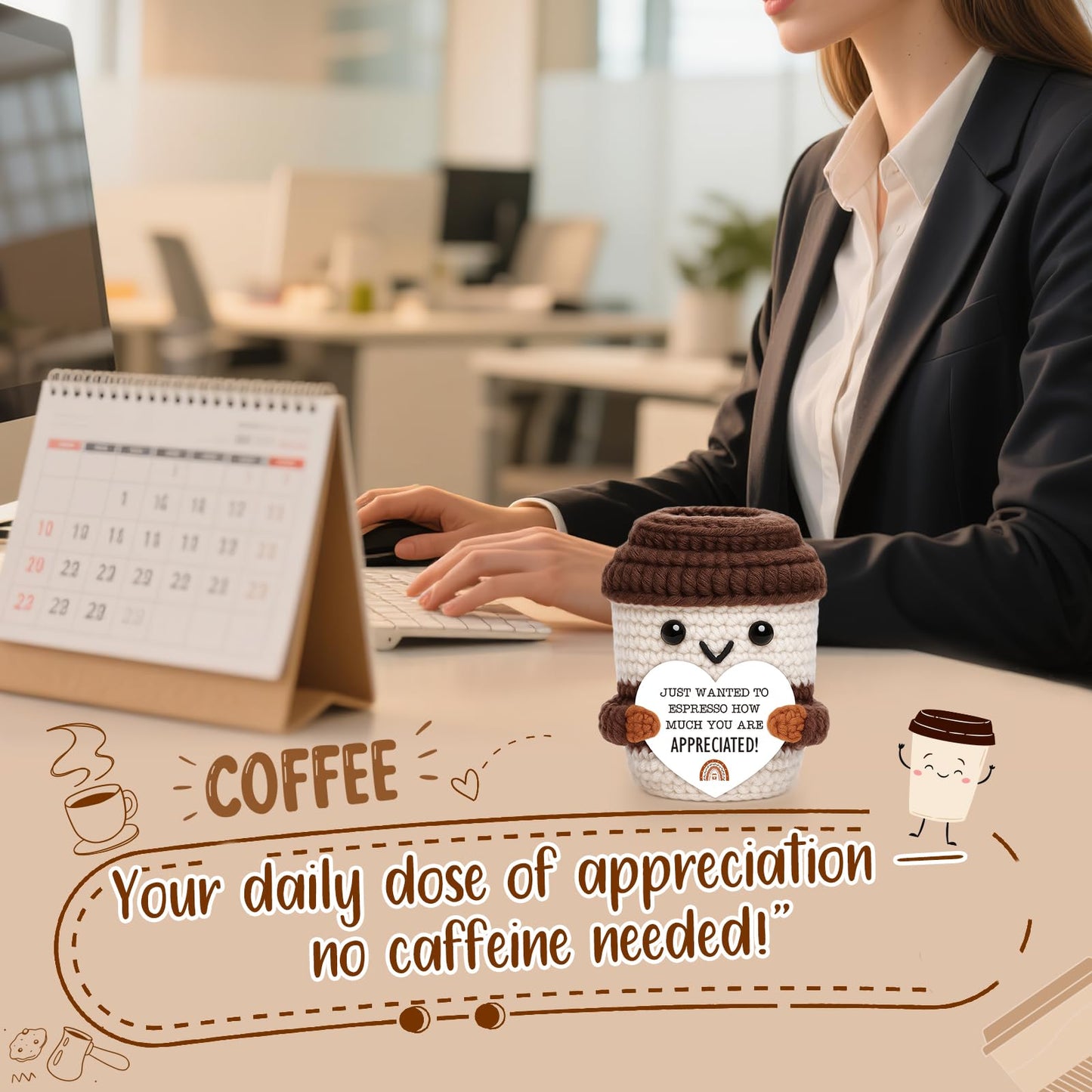 OCCdesign Mini Appreciation Gift for Women Men Coworkers Teachers Boss Nurses Handmade Crochet Coffee Cup Thank You Gift for Friends Roommates Staff Employees Volunteers Birthday Office Desk Decor