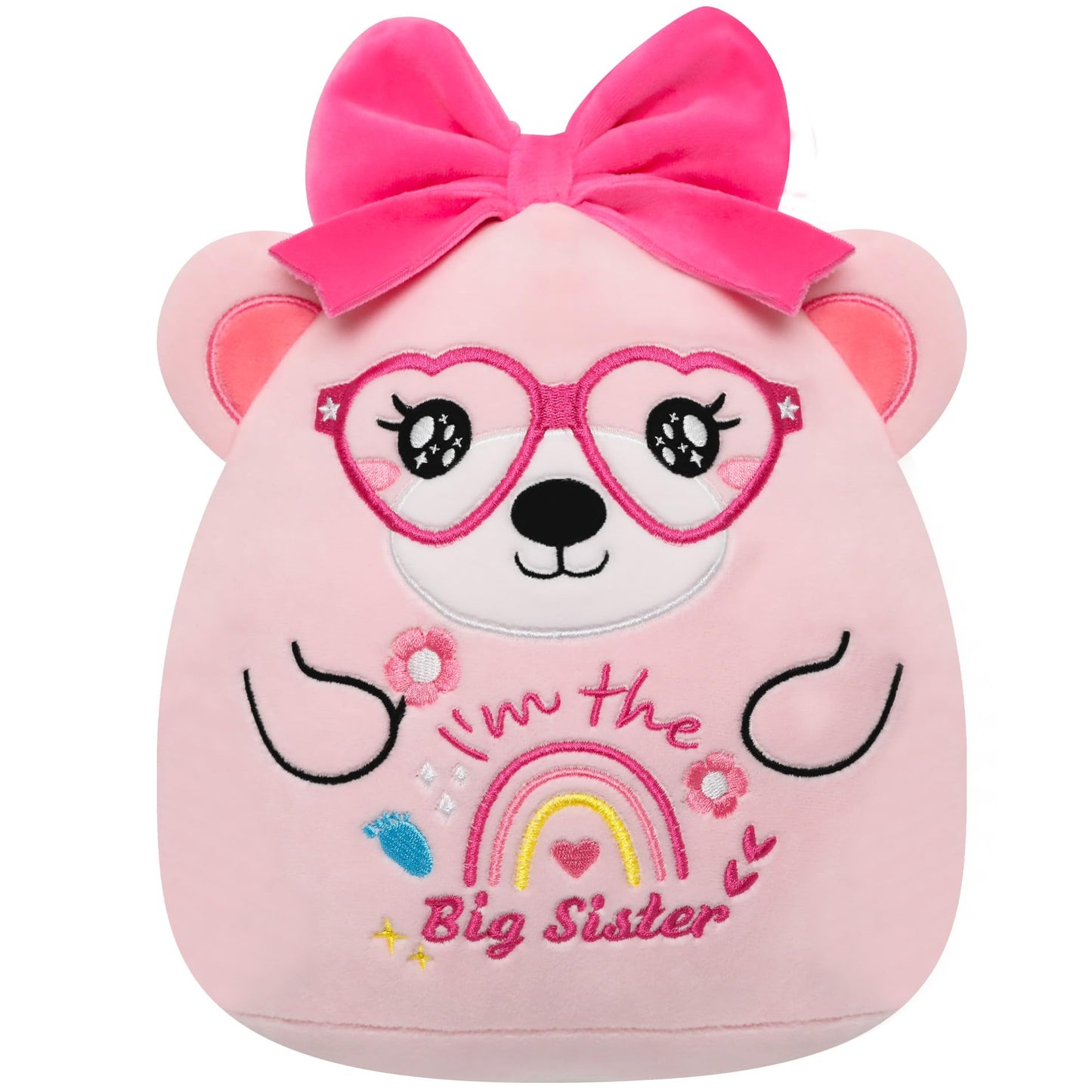 Big Sister Gifts Bear Plush - Cute "I'm the Big Sister" Plush Bear with Big Bow Heart Glasses Rainbow Embroidery Toy Sister Gift for Girl Sibling Kid’s Birthday Baby Shower Bear Gift for Toddler 10in