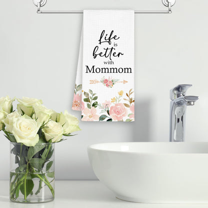 Mommom Grandma Kitchen Towels Gifts, Life is Better with Mommom Gifts for Birthday Mother's Day, Pink Floral Rose Peony Hand Towels Decor for Bathroom, Rustic Dish Tea Bar Towel Home 16x24in