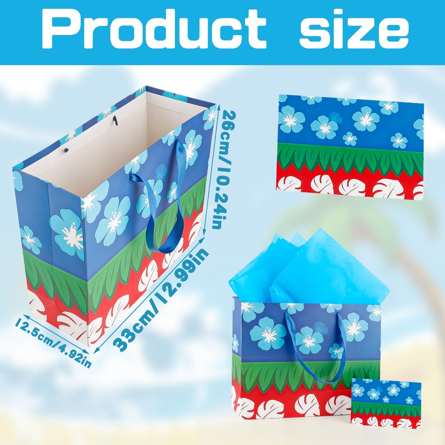 FUNCANDLE 13" Hawaiian Tropical Summer Floral Gift Bag with Greeting Card Tissue Paper, Cartoon Red Blue Treat Goodie Bags with Handle for Boys Girls Kids Friends Island Theme Candy Favor Supplies