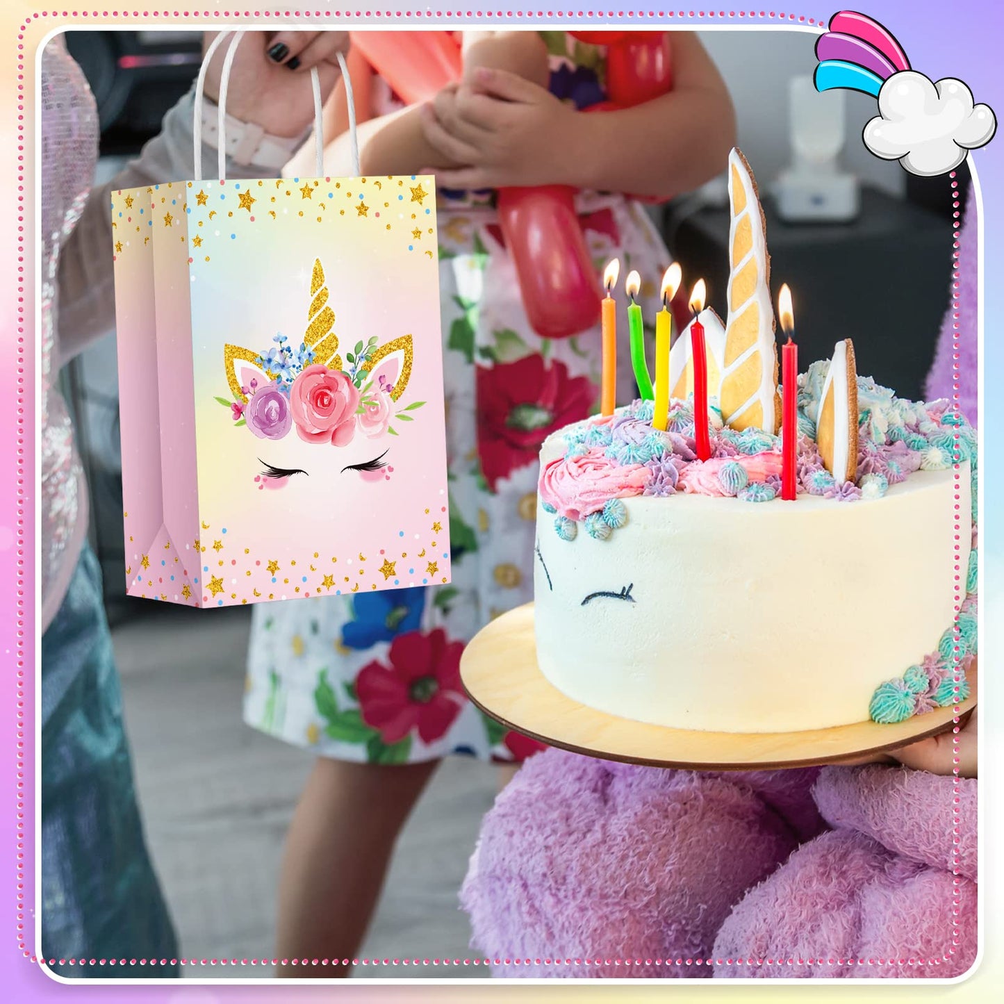 Sherr 30 Pcs Unicorn Party Favor Bags with Handles Tissue 8.3 Inches Paper Candy Treat Goodie Gift Unicorn Party Supplies for Kids Girls Boys Gender Reveal Baby Shower Birthday Decorations