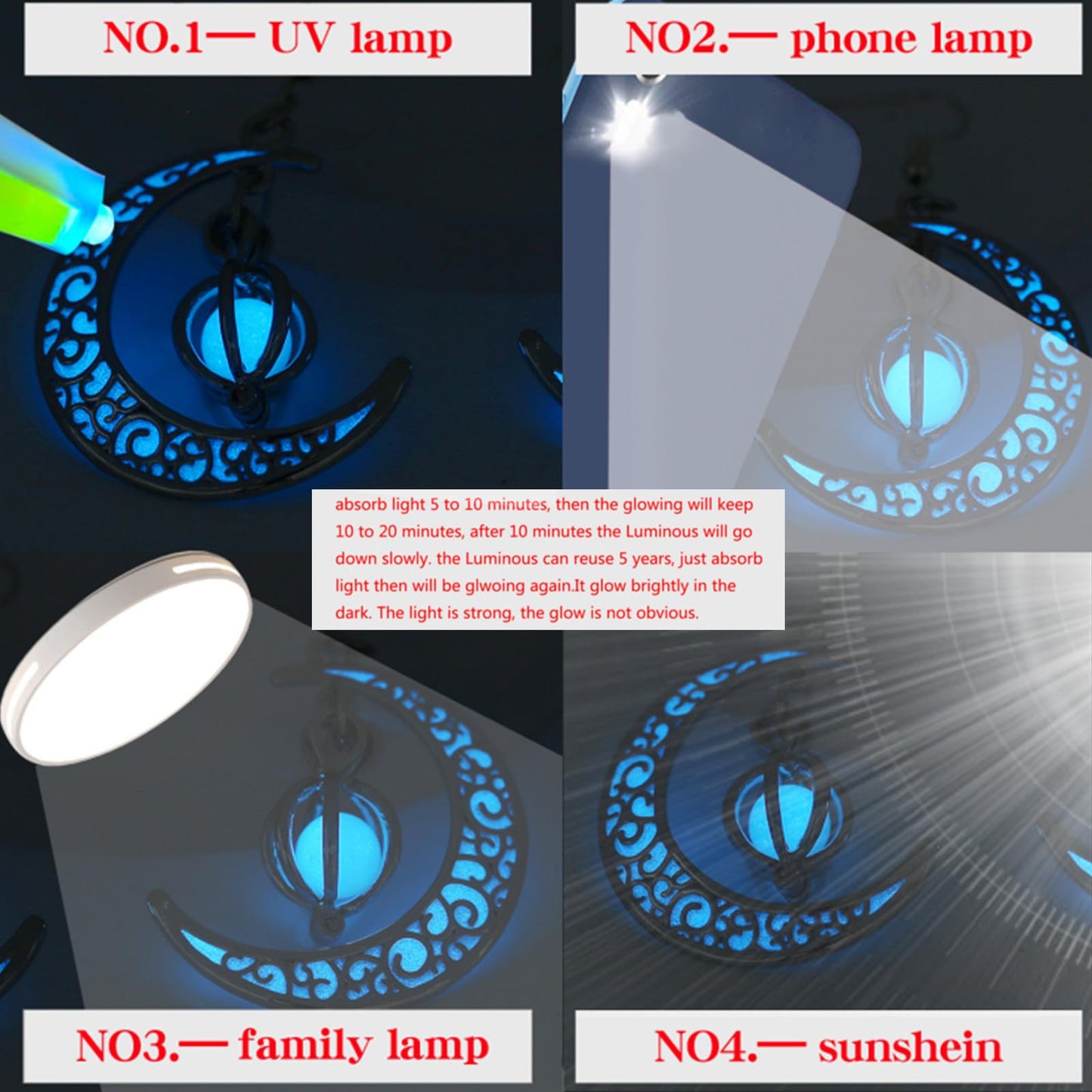 EEQQBZ Glow in The Dark Silver Crescent Moon and Orb Necklace - Glowing Blue Moon Charm - Magical Fantasy Fairy Glowing Necklace - Glow Jewelry (sky blue)