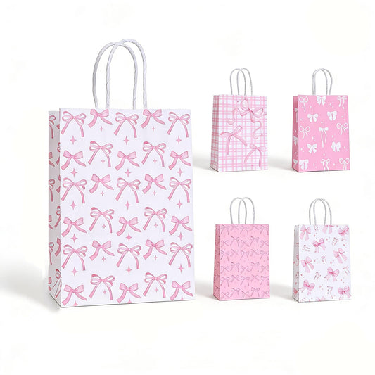 10 Pcs Pink Ribbon Bow Gift Bags with Handles, Gift Bags with Ribbons, 24 Envelopes, 2 Sticker Sheets & 1 Ribbon Roll for Coquette-Style Birthday Party Favors, Baby Shower, Wedding, Girls Tea Party, Cute Pink Goodie Bag Bulk for Treats and Gifts