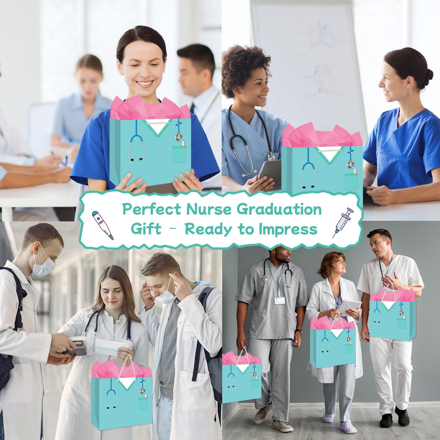BDDYYI Nurse Graduation Gift Bag with Tissue Paper, 13 Inch Large Congrats Gift Bag for New Nurses, Nursing Students & RN Gift Bag Pinning Ceremony Nurses Week & Healthcare Appreciation Gifts