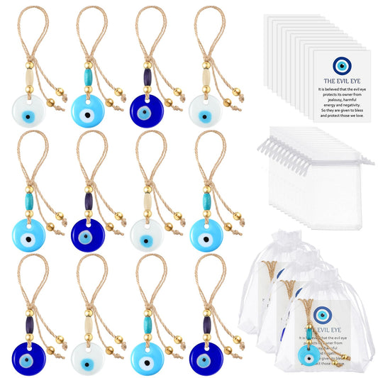Skylety 12 Set Evil Eye Charm Keychain Greece Glass Car Hanging Evil Eye Pendant Luck Turkish Amulet Gifts for Wedding(Classic Color)