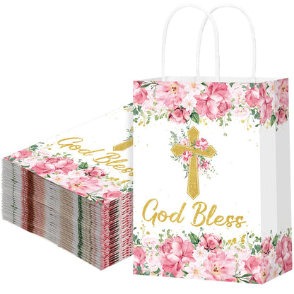 Marspark 24 Pcs Baptism Gift Bags for Guests First Communions Cross Floral Paper Gift Bags with Handles God Bless Religious Treat Paper Christian Party Supplies for Christenings Baptism Wedding