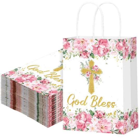 Marspark 24 Pcs Baptism Gift Bags for Guests First Communions Cross Floral Paper Gift Bags with Handles God Bless Religious Treat Paper Christian Party Supplies for Christenings Baptism Wedding