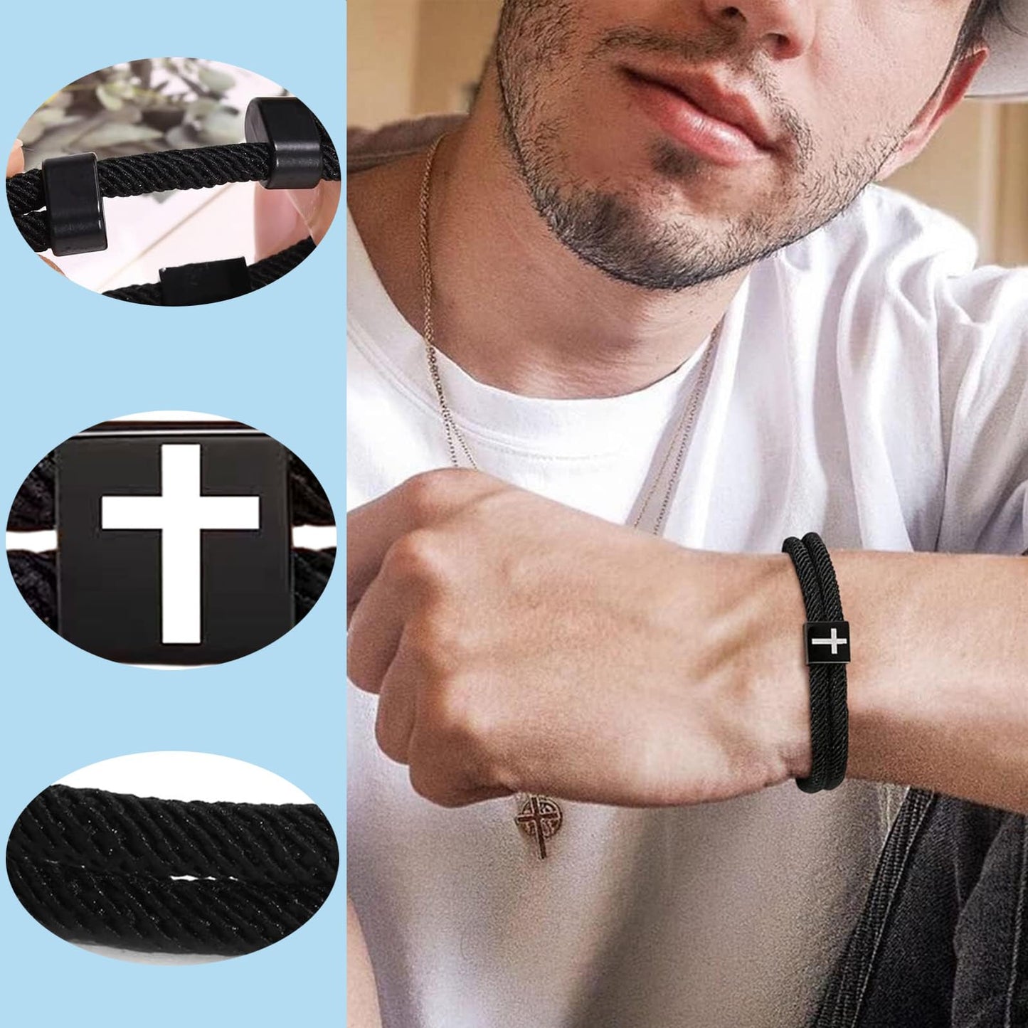 Black Cross Bracelet for Men Boys Baptism Valentine's Day Easter Birthday Christmas Gifts