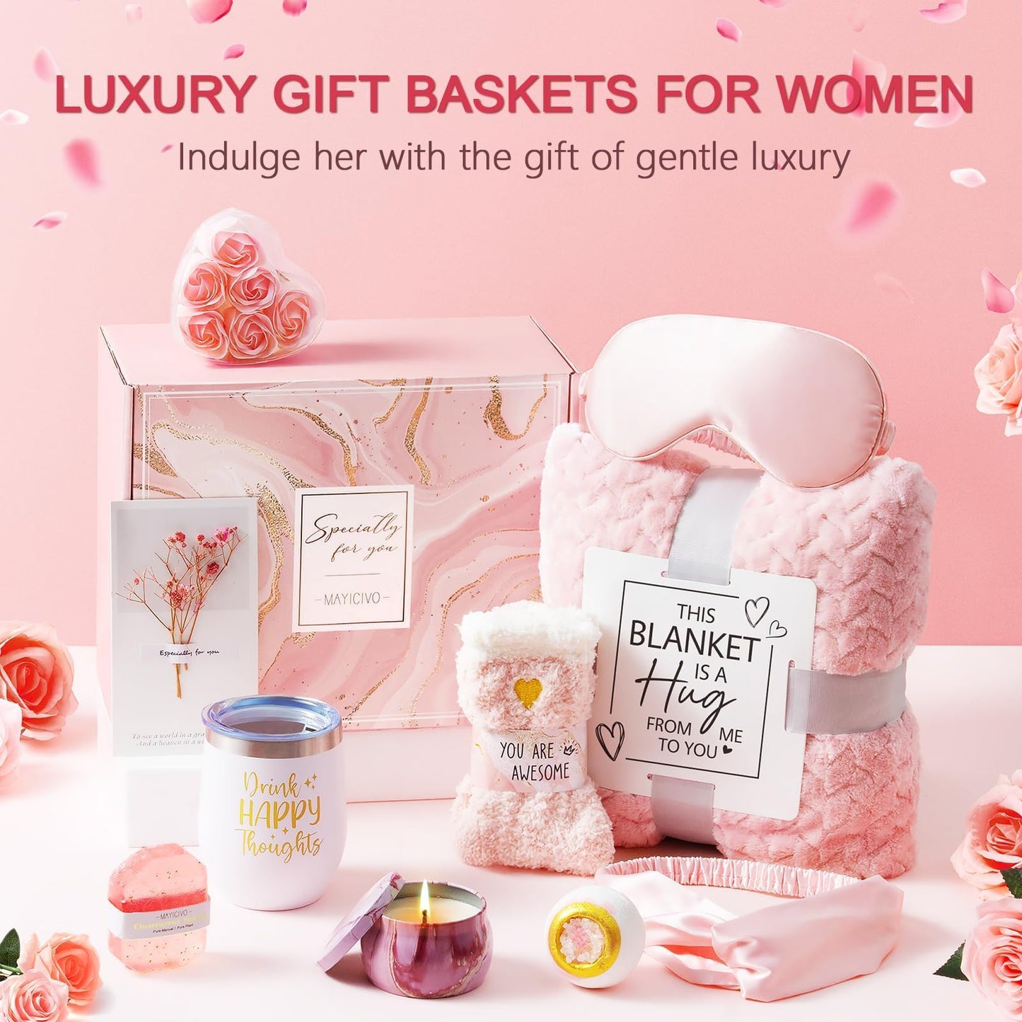 Mothers Day Birthday Gifts for Women Self Care Get Well Soon Gifts, Rose Relaxing Spa Gift Basket Thinking of You Care Package with Flannel Blanket, Unique Gift for Her Mom Wife Grandma Friend Sister