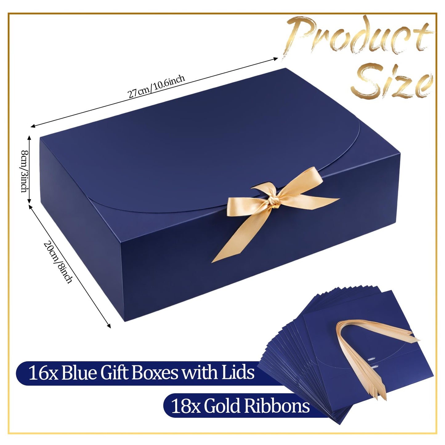 Yuanan 16 Pack Gift Box with Lid, 10.6×8×3 Inch Blue Gift Box Bulk Kraft Paper Unfold Bridesmaid Boxes with Gold Ribbon Boxes for Presents Square for Birthdays, Weddings, Graduation and Holidays
