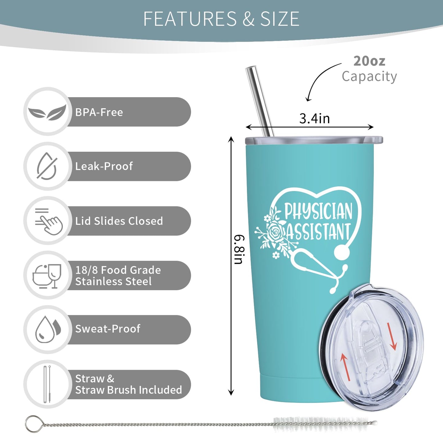 Physician Assistant Gifts for Women - PA Appreciation Gifts - PA Student Gift - Birthday, Thank You Gift for Physician Assistant - 20 oz Stainless Steel Tumbler With Lid & Straw