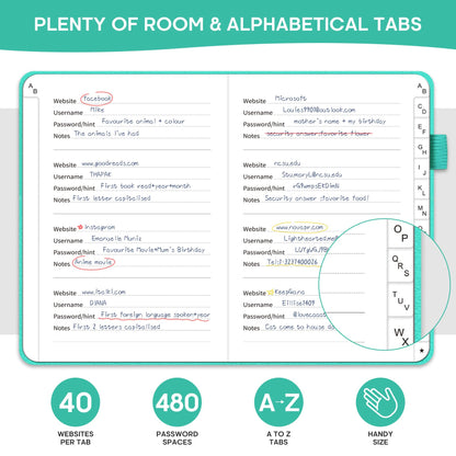 Taja Password Keeper Book with Alphabetical Tabs, Small Password Books for Seniors, Password Notebook for Internet Website Address Log in Detail, Password Logbook to Help You Stay Organized - Aquamarine