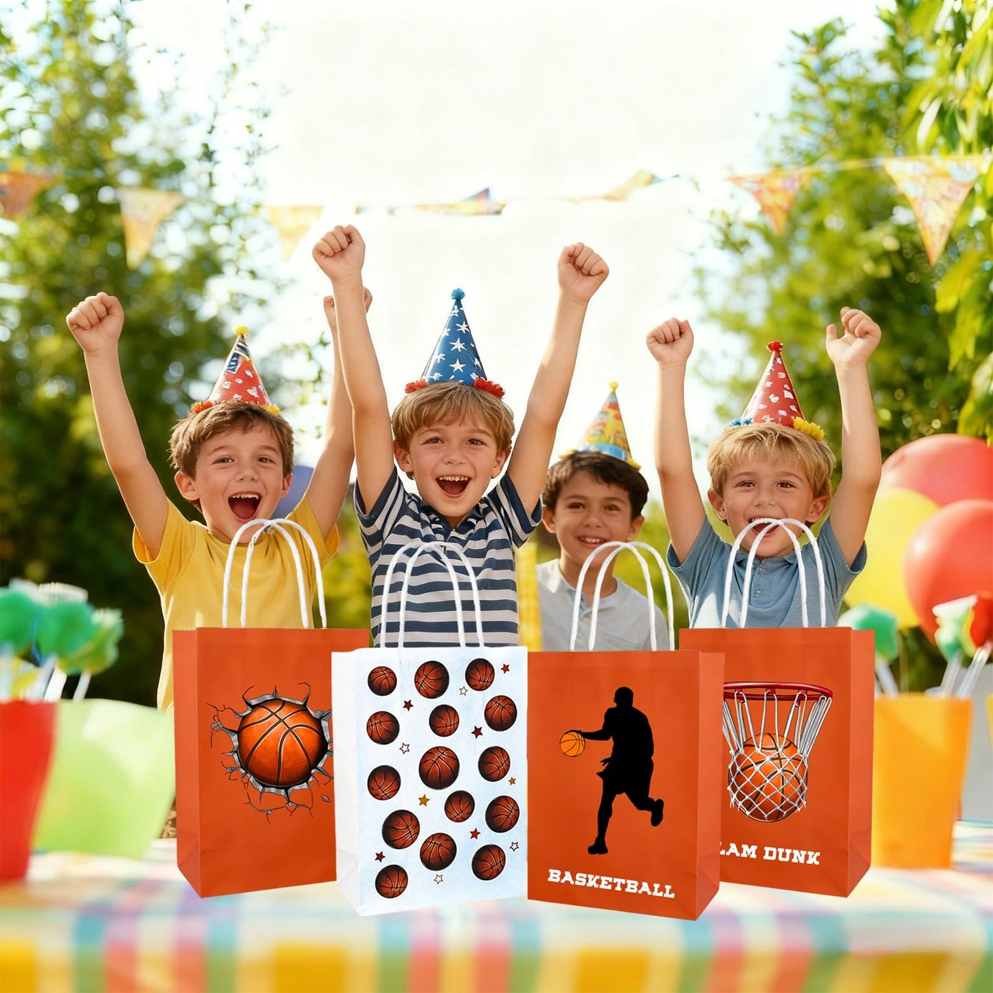 Kiooaci 24 Pcs Basketball Gift Bags, Basketball Paper Goodie Treat Candy Party Favor Bags with handle for Team Birthday Theme Party Supplies
