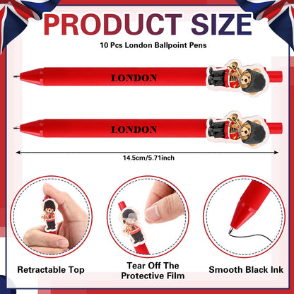 Sayglossy 10 Pcs London Souvenirs Gift Pens British Gifts Bulk London Ballpoint Pens with Guardsman Bear Clip Retractable Black Ink UK Souvenirs for Office Classroom Supplies