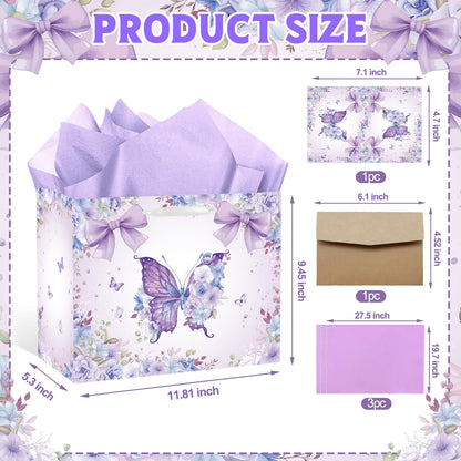 SolarGlory Large Butterfly Birthday Gift Bag with Card & Tissue Paper – Purple Happy Birthday Party Favors for Women, Girls, Baby Shower, Bachelorette Theme Party Decorations