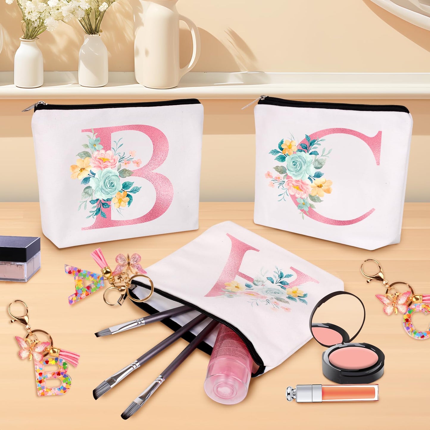 Personalized Makeup Bag with Initial Keychain, Custom Initial Monogram Small Travel Cosmetic Toiletry Bag, Birthday Gifts for Women Bridesmaid Teacher (A)