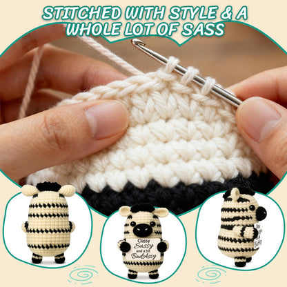 Funny Gifts for Women Men, Birthday Friendship Gift for Coworker, Work Bestie, Boss, Handmade Crochet Zebra, Sassy Badass Sign for Best Friend, Unique Desk Decor