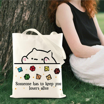 DnD Collection Tote Bag for Women, Cat Throwing Dice, Dungeon Master, Dragons Gamer Gift, Dungeons And Dragons Gifts for Women, Reusable Canvas Cute Shoulder Bag for Shopping, Grocery, Work, Book