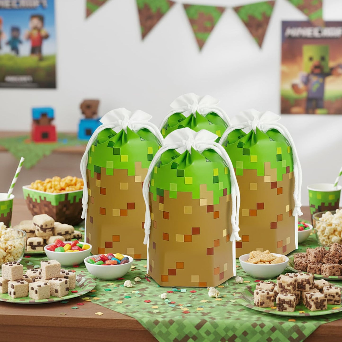 48Pcs 7 x 10Inch Pixel Miner Favor Bags Pixel Themed Treat Goodie Bags for Birthday Party Supplies Video Game Party Candy Bag for Kids